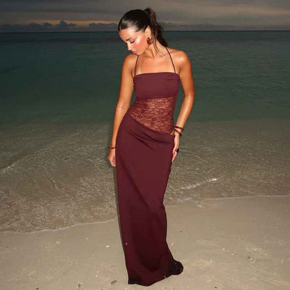 Roselyn | Maxi Party Dress Burgundy Lace Corset Tie-Strap for Women
