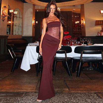 Roselyn | Maxi Party Dress Burgundy Lace Corset Tie-Strap for Women