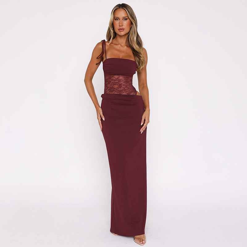 Roselyn | Maxi Party Dress Burgundy Lace Corset Tie-Strap for Women
