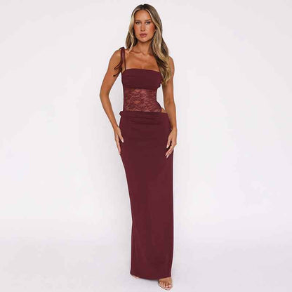Roselyn | Maxi Party Dress Burgundy Lace Corset Tie-Strap for Women