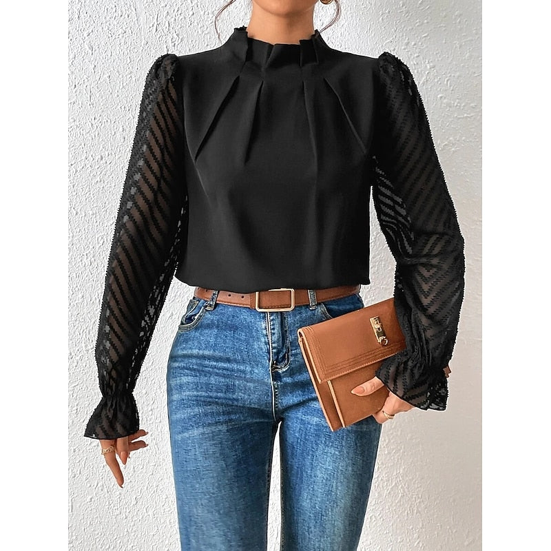 Una | Blouse Black Chiffon Lace-Sleeve High-Neck for Women