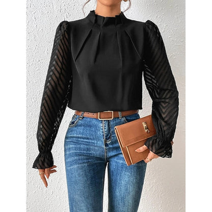 Una | Blouse Black Chiffon Lace-Sleeve High-Neck for Women