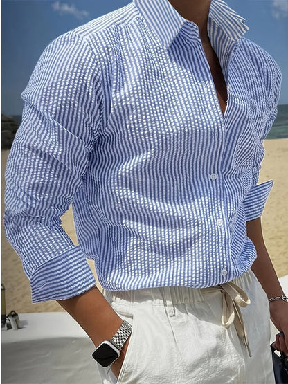 William | Shirt Sky Blue Seersucker Stripe Long Sleeve for Men