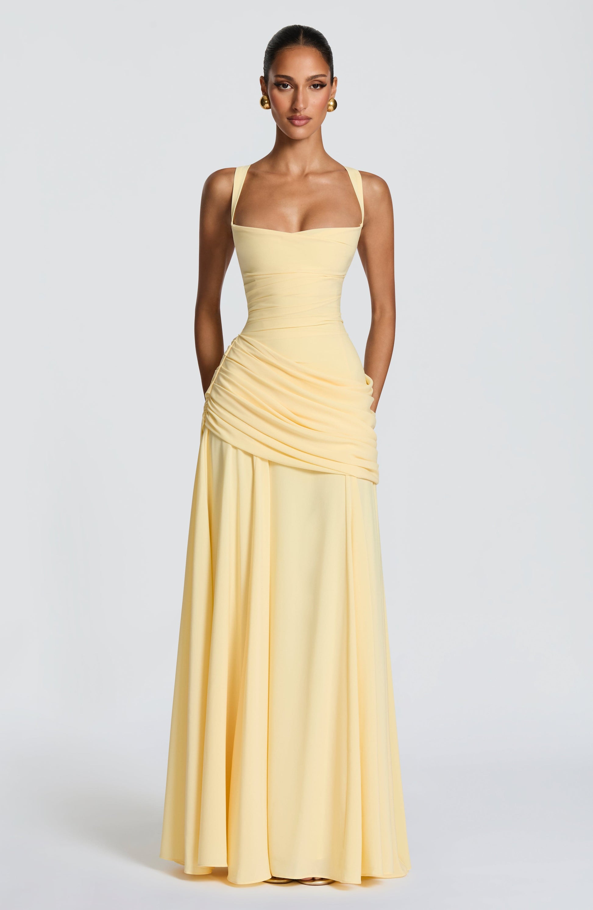 Maxi Dress Butter Yellow Ruched A-Line Sleeveless for Women – Threads & Sage