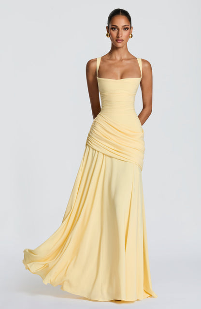 Elspeth | Maxi Dress Butter Yellow Ruched A-Line Sleeveless for Women