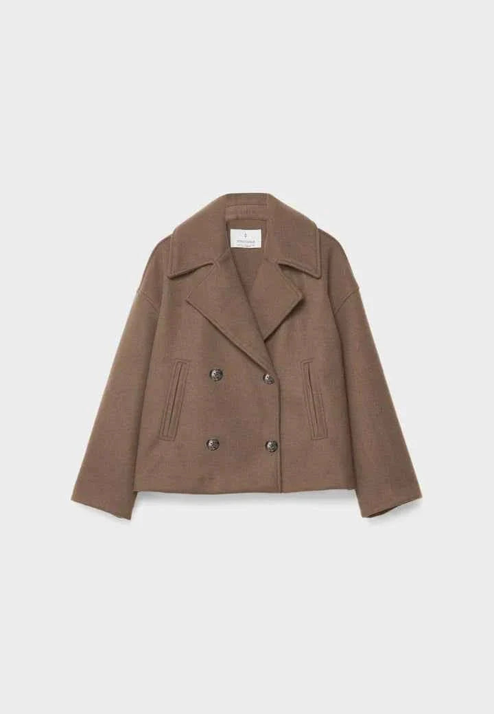 Faye | Cropped Jacket Taupe Wool-Blend Double-Breasted for Women