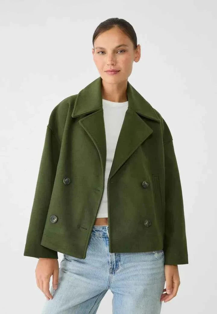 Faye | Cropped Jacket Taupe Wool-Blend Double-Breasted for Women