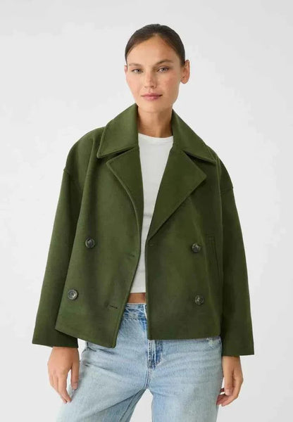 Faye | Cropped Jacket Taupe Wool-Blend Double-Breasted for Women