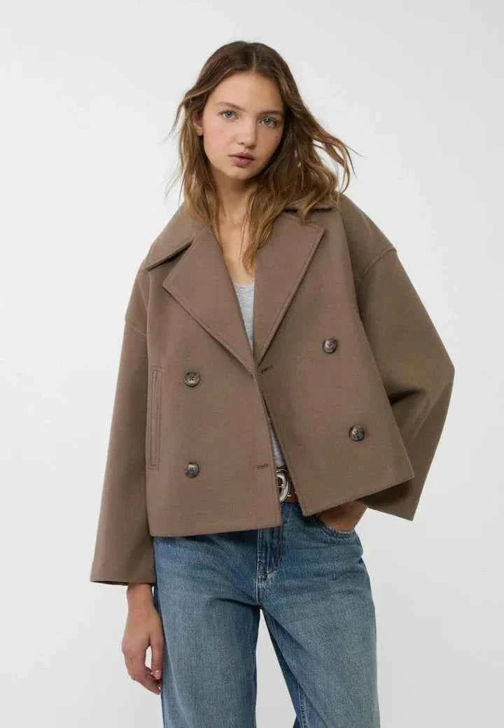 Faye | Cropped Jacket Taupe Wool-Blend Double-Breasted for Women