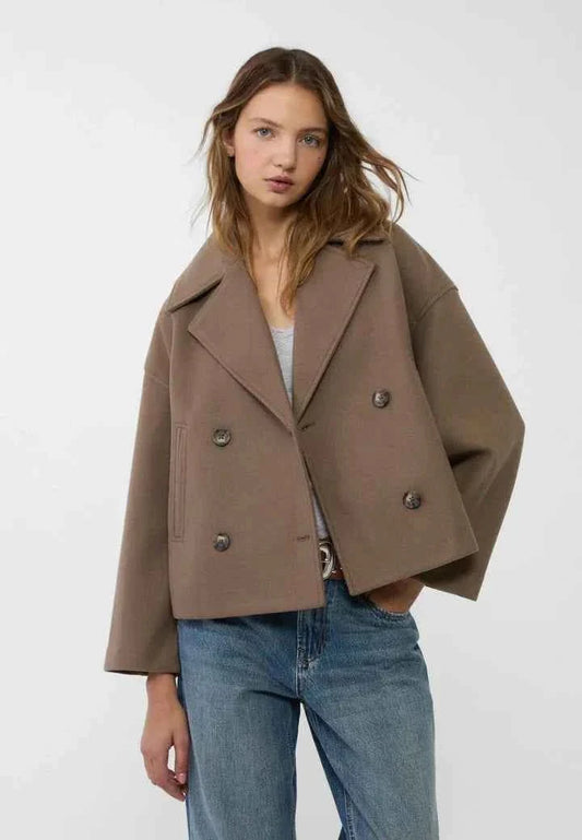 Faye | Cropped Jacket Taupe Wool-Blend Double-Breasted for Women