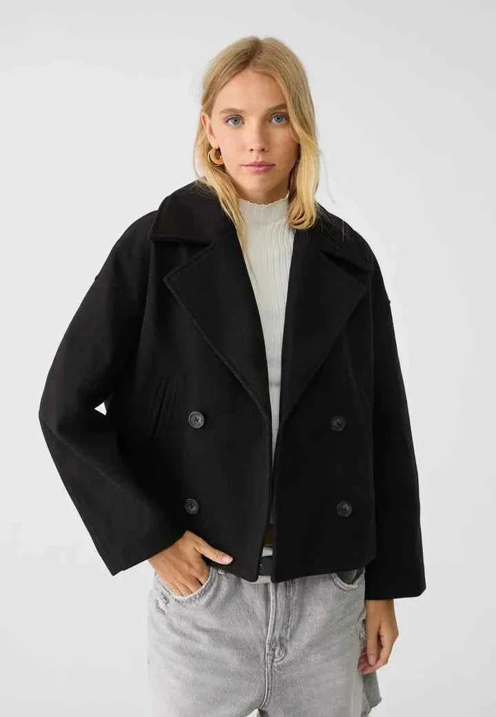 Faye | Cropped Jacket Taupe Wool-Blend Double-Breasted for Women
