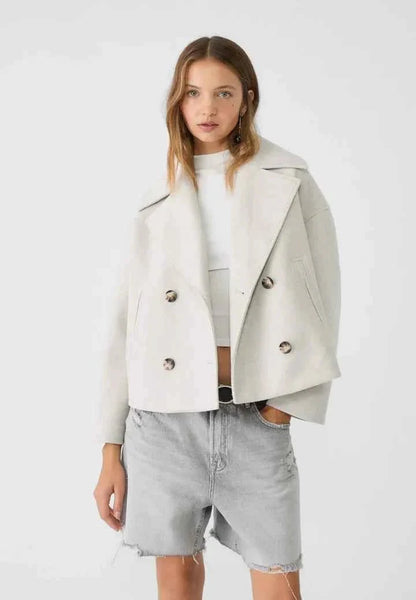 Faye | Cropped Jacket Taupe Wool-Blend Double-Breasted for Women