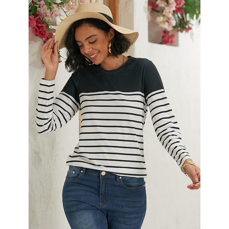 Thomasina | Long Sleeve Top Navy White Striped Crew Neck for Women
