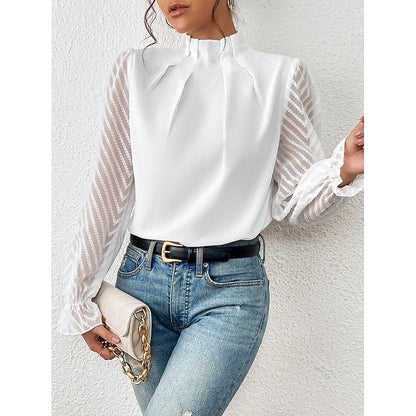 Una | Blouse Black Chiffon Lace-Sleeve High-Neck for Women