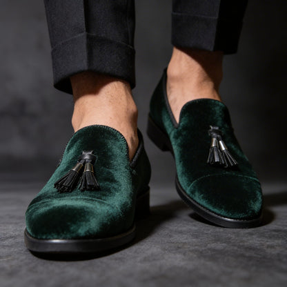 Cecil | Loafers Forest Green Velvet Tassel Slip-On for Men