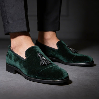 Cecil | Loafers Forest Green Velvet Tassel Slip-On for Men