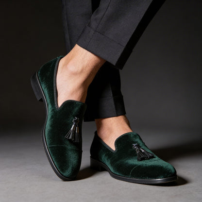 Cecil | Loafers Forest Green Velvet Tassel Slip-On for Men