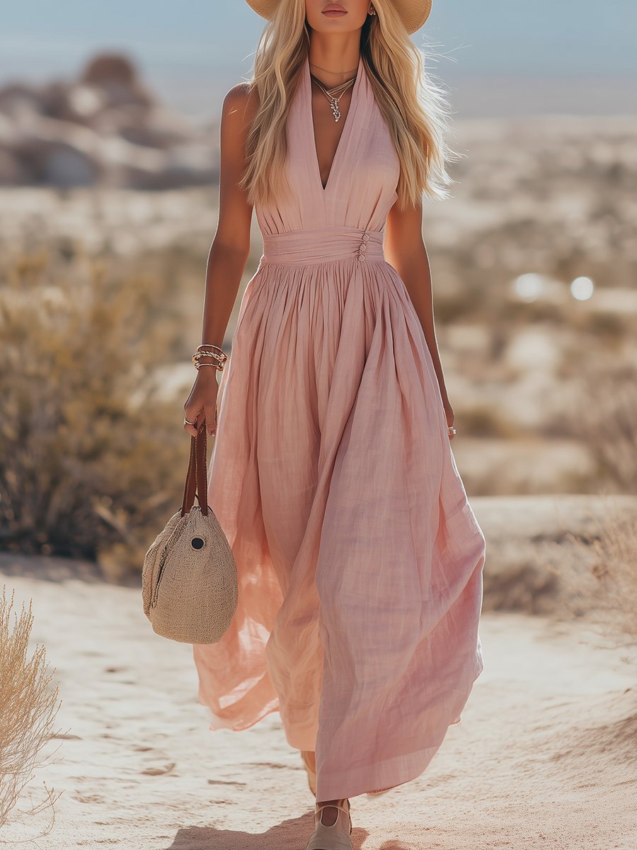 Phoebe | Maxi Halter Dress Blush Pink Cotton-Linen Pleated for Women