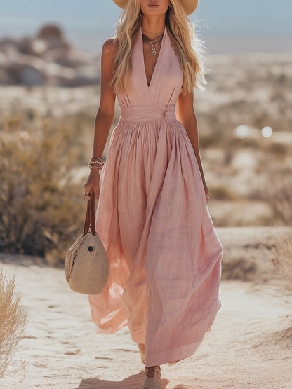 Phoebe | Maxi Halter Dress Blush Pink Cotton-Linen Pleated for Women