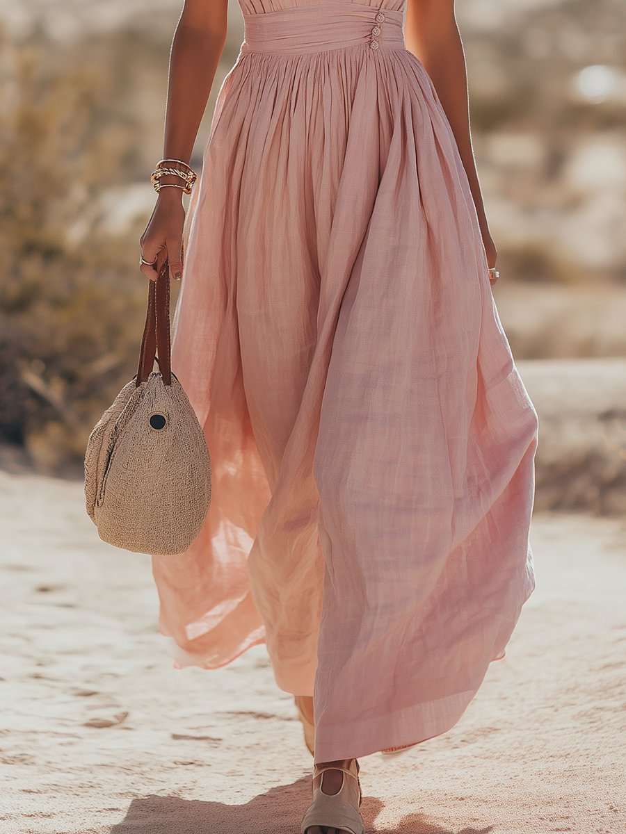 Phoebe | Maxi Halter Dress Blush Pink Cotton-Linen Pleated for Women