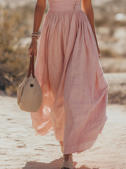Phoebe | Maxi Halter Dress Blush Pink Cotton-Linen Pleated for Women