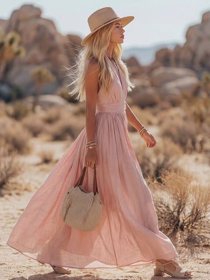 Phoebe | Maxi Halter Dress Blush Pink Cotton-Linen Pleated for Women