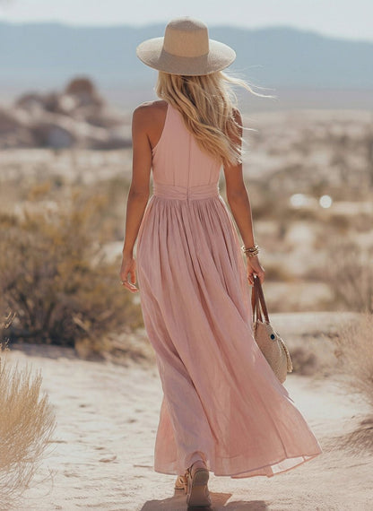 Phoebe | Maxi Halter Dress Blush Pink Cotton-Linen Pleated for Women