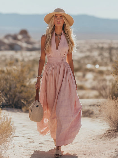 Phoebe | Maxi Halter Dress Blush Pink Cotton-Linen Pleated for Women