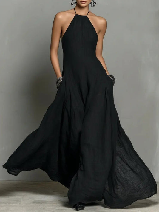 Tilda | Maxi Halter Dress Black Linen Sleeveless A-Line for Women