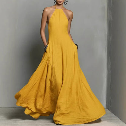 Tilda | Maxi Halter Dress Black Linen Sleeveless A-Line for Women