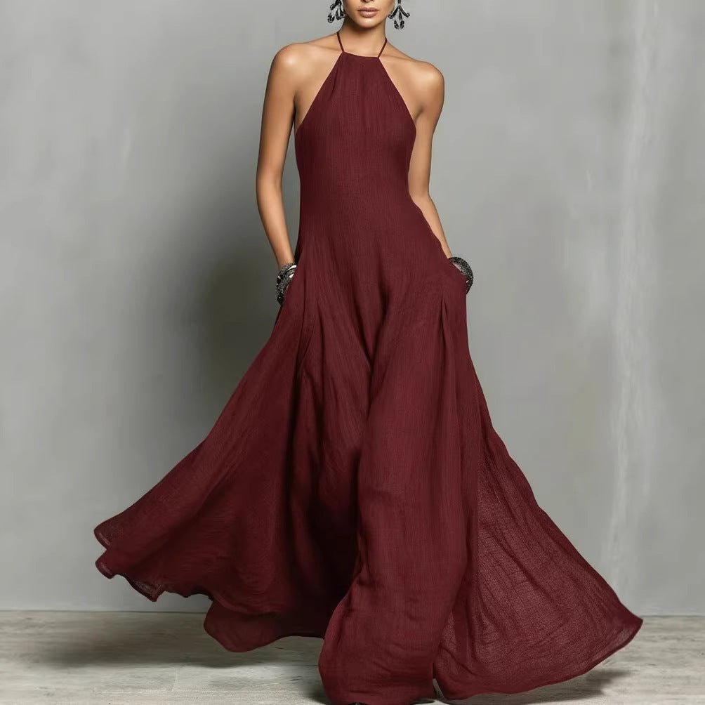 Tilda | Maxi Halter Dress Black Linen Sleeveless A-Line for Women