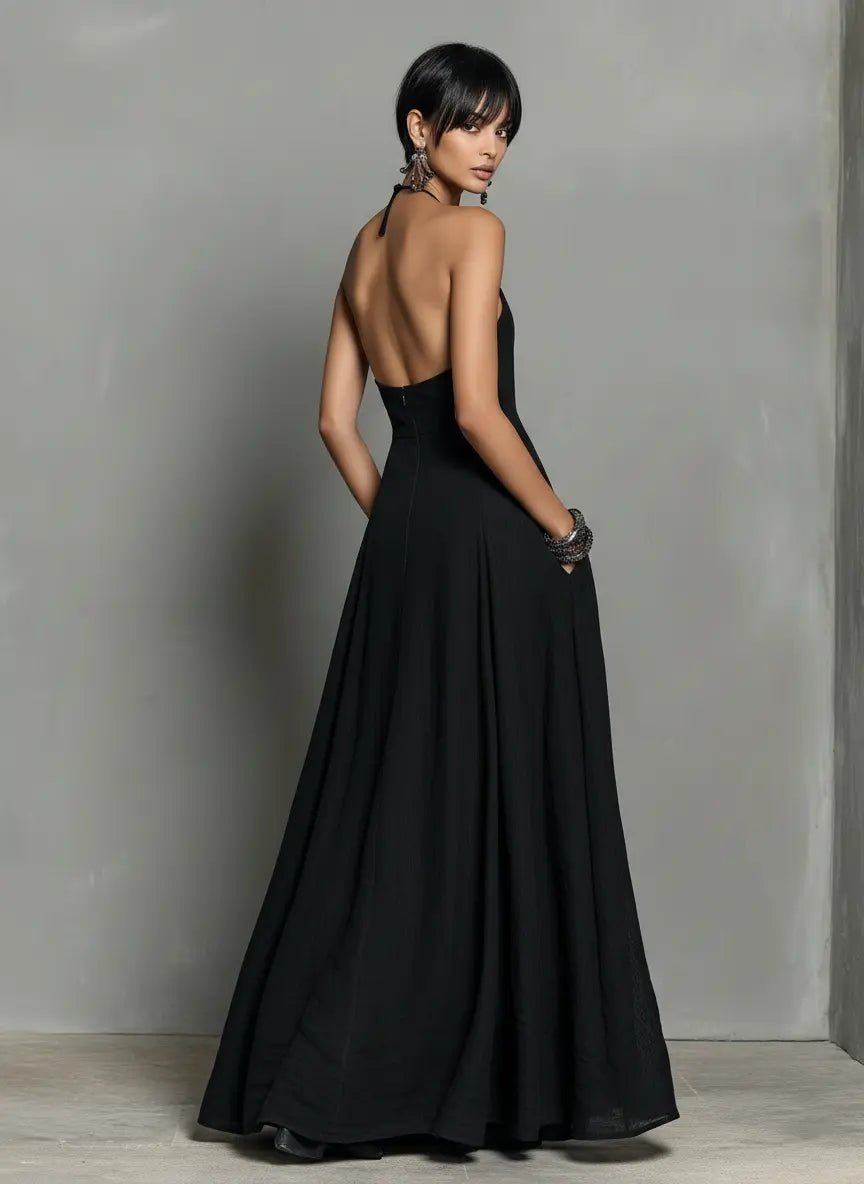 Tilda | Maxi Halter Dress Black Linen Sleeveless A-Line for Women