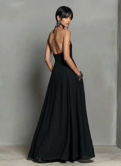 Tilda | Maxi Halter Dress Black Linen Sleeveless A-Line for Women
