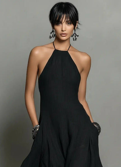 Tilda | Maxi Halter Dress Black Linen Sleeveless A-Line for Women