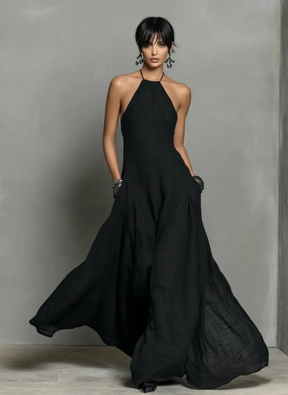 Tilda | Maxi Halter Dress Black Linen Sleeveless A-Line for Women