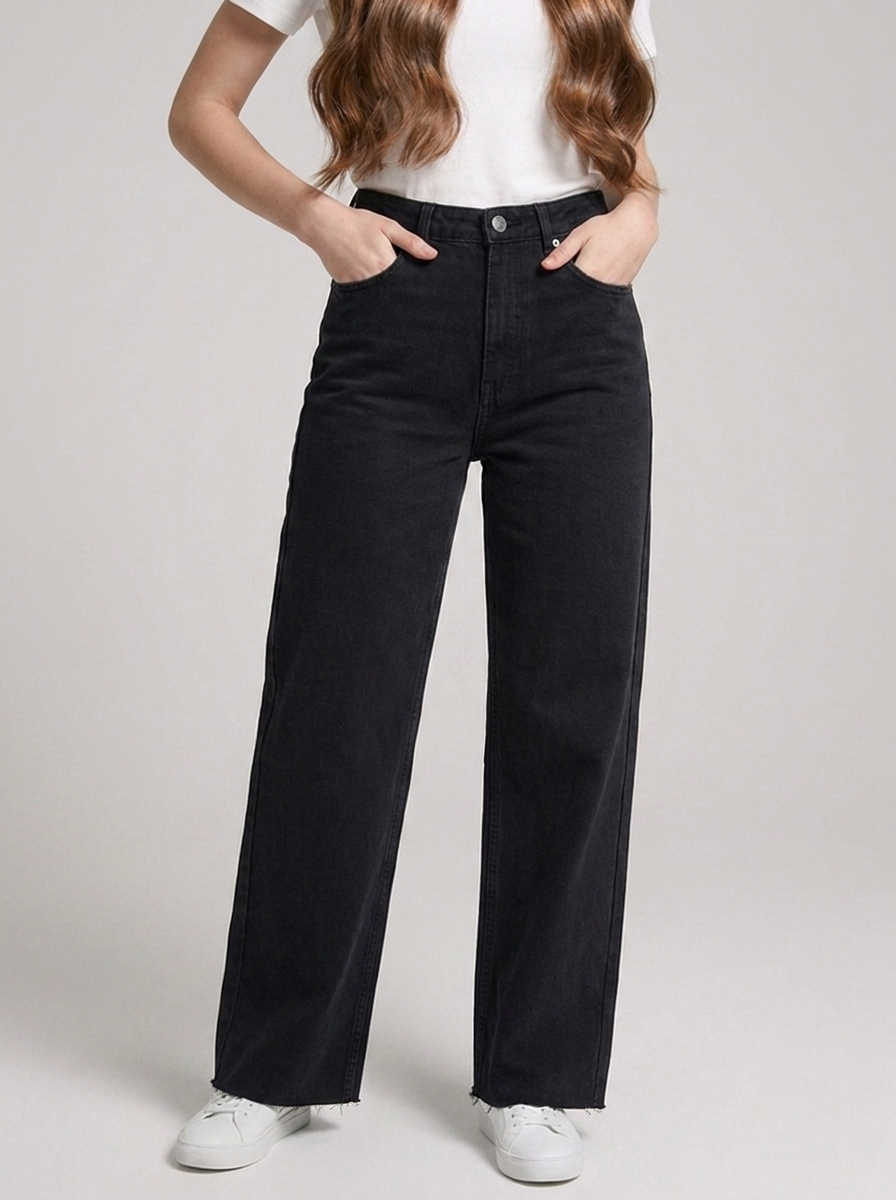 Phoebe | Wide-Leg Jeans Black Denim High-Waist Raw Hem for Women