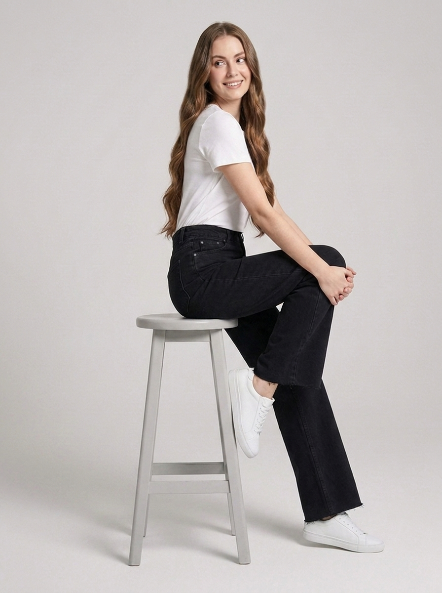 Phoebe | Wide-Leg Jeans Black Denim High-Waist Raw Hem for Women