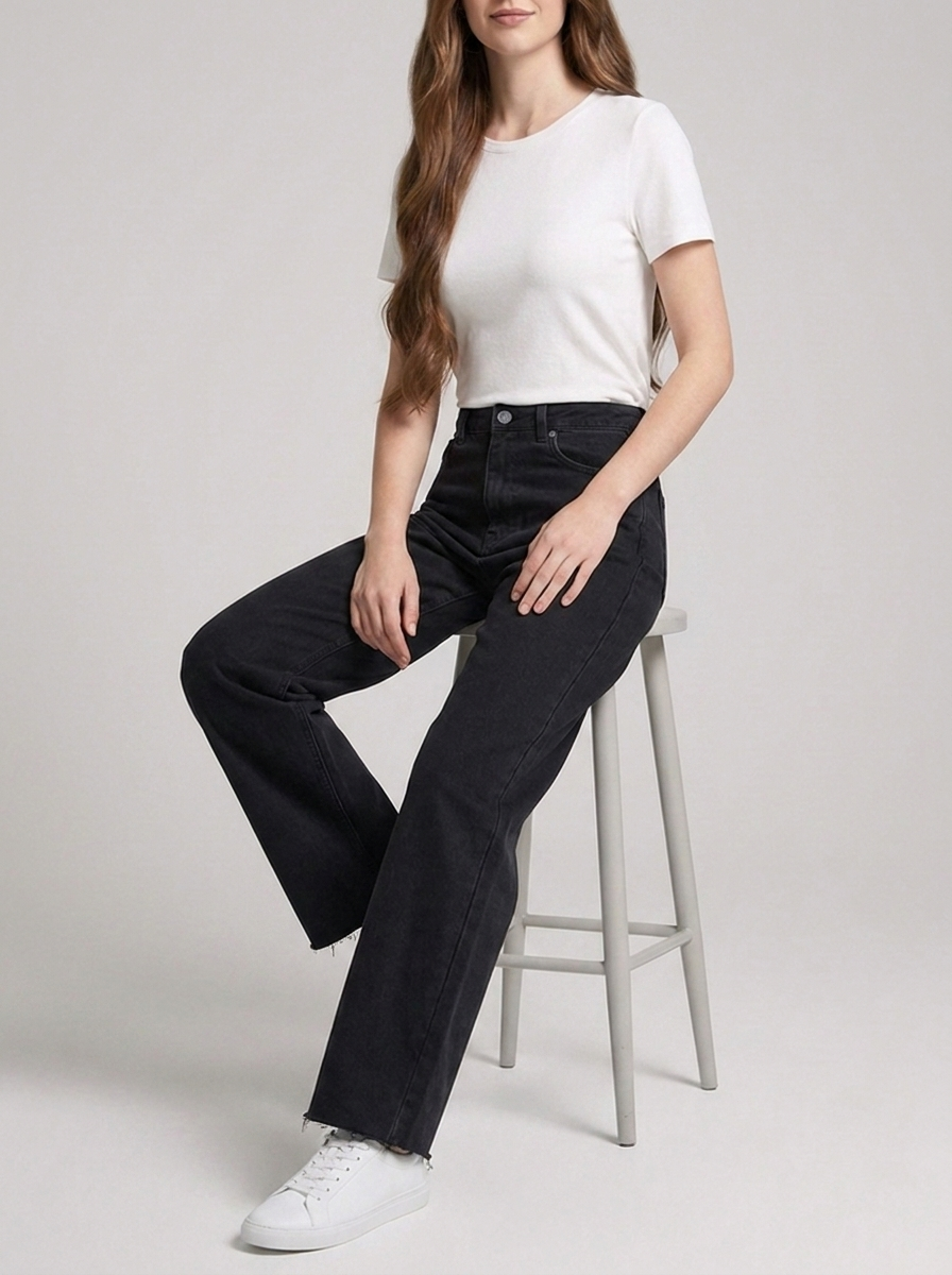 Phoebe | Wide-Leg Jeans Black Denim High-Waist Raw Hem for Women