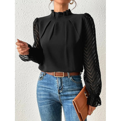 Una | Blouse Black Chiffon Lace-Sleeve High-Neck for Women