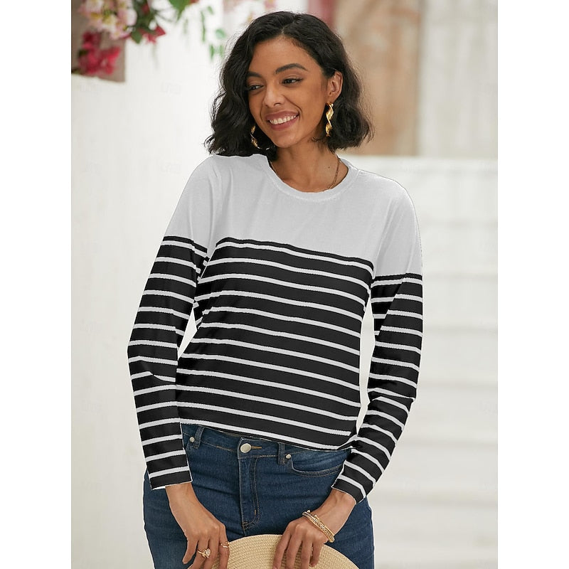 Thomasina | Long Sleeve Top Navy White Striped Crew Neck for Women