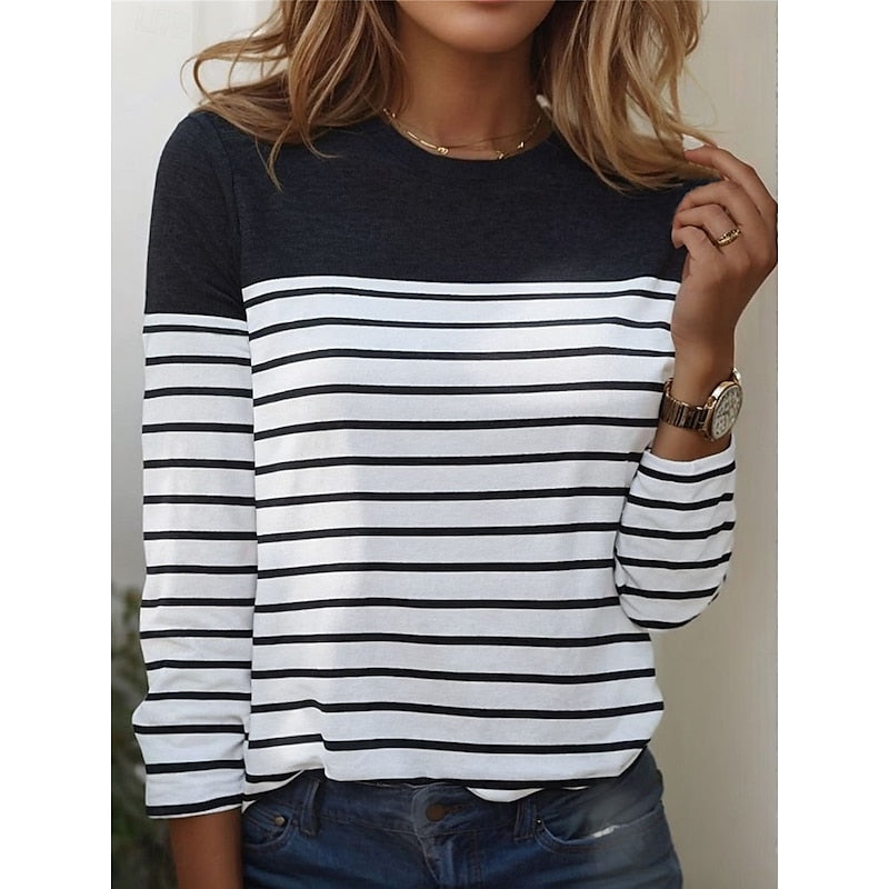 Thomasina | Long Sleeve Top Navy White Striped Crew Neck for Women