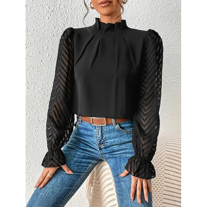Una | Blouse Black Chiffon Lace-Sleeve High-Neck for Women
