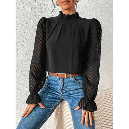 Una | Blouse Black Chiffon Lace-Sleeve High-Neck for Women